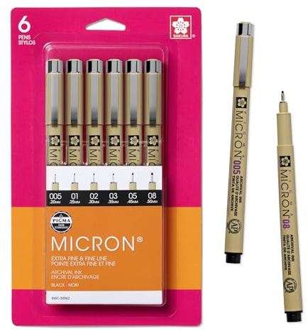 SAKURA Pigma Micron Fineliner Pens - Archival Black Ink Pens - Pens for Writing, Drawing, or Journaling - Assorted Point Sizes - 6 Pack