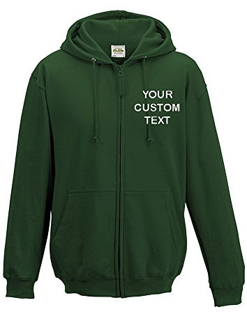 Custom Text Printed on Personalised Zip up Hoodie, Make Your own Zipper Hoodie Bottle Green Large - Front ONLY