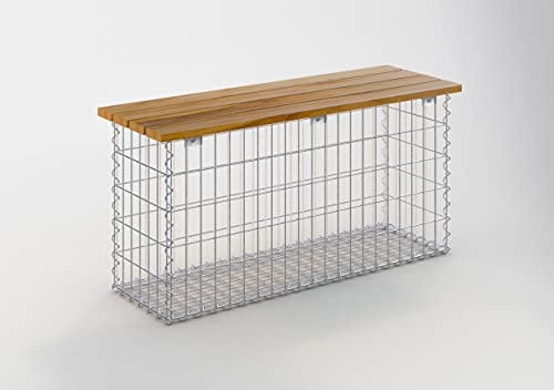 Gabiona - Gabionenbank mit Sitzfläche aus Holz (Teak) - Gartenbank BxHxT: 105 x 50 x 30 cm - Maschenweite 5 x 10 cm