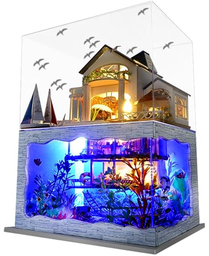 Spilay DIY Miniatur Haus Bausatz mit Möbeln, Moderne Villa Modell Plus mit Staubschutzhülle & Spieluhr, Maßstab 1:24 kreatives Puppenhaus Spielzeug für Kinder Geburtstagsgeschenk (Hawaii Impression)