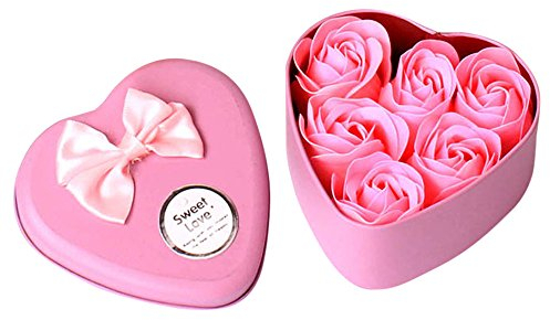 Fahooj 6pcs Rose Soap Blumen in Geschenk-Box,Herzförmige Eisenkiste Rose Blütenblatt Bad Körper Seife,Hochzeit Party Geschenk duftende Dekor für Valentinstag Muttertag Jahrestag(Einheitsgröße,Rosa)