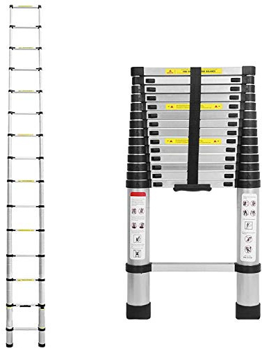 Alu Teleskopleiter 4,4 Meter DIY Stehleiter Stehleiter Anlegeleiter Mehrzweckleiter Leiter für Dachboden/Kletterdach/Büronutzung/Baujob Ausziehbar Aluleiter Rutschfeste Stufen 150 Kg Belastbar