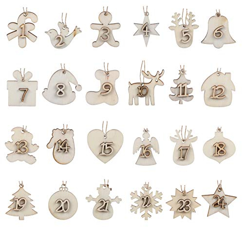 Naler 24 Adventskalender Zahlen Holz Anhänger Holzanhänger Weihnachtsanhänger von 1-24 für Weihnachten zum Basteln und Verzieren