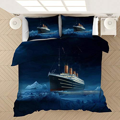 Evvaceo Kind Junge Mädchen Bettwäsche-Set Segelschiff Auf Blauem Meer 135 cm X 200 cm Bettbezug 3D Superfeine Faser 3-Teiliges Set 2 Kissenbezüge Reißverschluss Allergie Verhindern Sanf(Individuell)