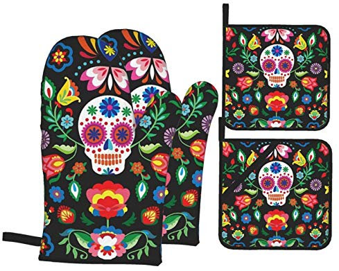 Gants de Cuisine et maniques de Four à Fleurs de crâne de Sucre drôles et maniques Gants de Cuisine résistants à la Chaleur pour la Cuisson, la Cuisson - Ensemble de 4 pièces