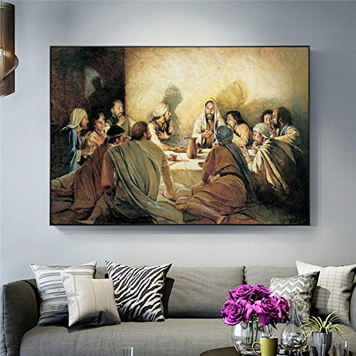 SYXBEIVK Das letzte Abendmahl Berühmtes Ölgemälde auf Leinwand Jesus Religiöse Poster und Drucke Wandbild für Wohnzimmerdekor-60x80cm (Kein Rahmen)