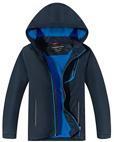 YoungSoul Giacca impermeabile per bambini e bambine, leggera, foderata in pile, con cappuccio rimovibile, blu navy, 9-10 Years