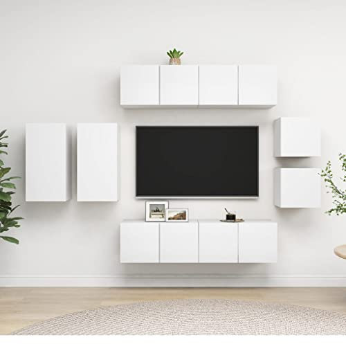 ZQQLVOO 8-TLG. TV-Schrank-Set,TV-Schränke,TV-Bänke,TV-Lowboard, Fernsehschrank,Fernsehtisch,Bücherregal,Vitrine,Raumteiler, Weiß Spanplatte