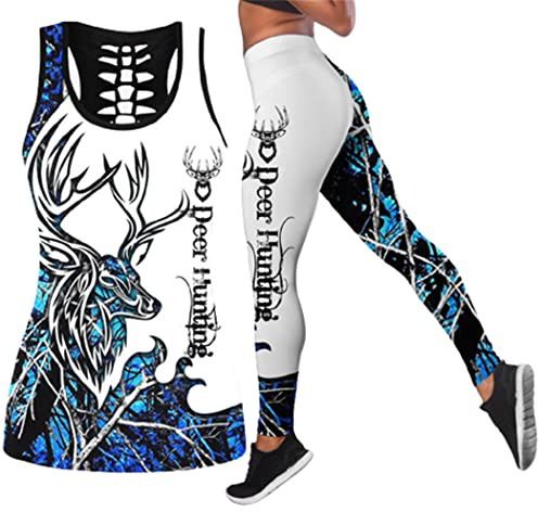 3D-Druck Hirsch Jagd Sexy Rosa Weste Weiblich Casual Yoga Leggings Hohl Tanktop Leggings 2-teiliger Anzug, Frauen Set 02, 52