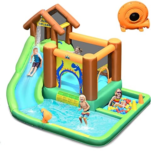 DREAMADE Aufblasbare Hüpfburg, Wasserpark mit Rutsche Planschbecken Kletterwand Wasserkanone Bällebad, Wasserrutsche für Kinder 3-10 Jahren, 368x303x230cm (mit Gebläse)