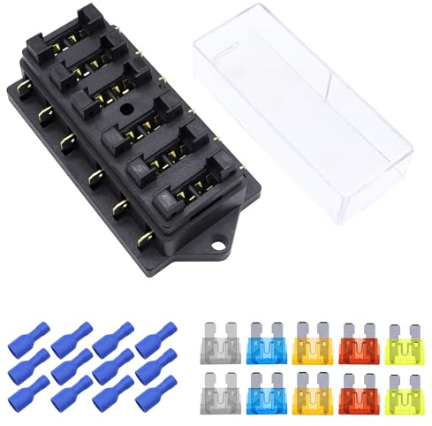 HISports 6 Fach Sicherungshalter,Universal Standard Blade Sicherungskasten mit 10 Sicherung(5A*2,10A*2,15A*2,20A *2,25A*2) KFZ Standard Bsicherungsdose ATO mit Feuchtigkeitsgeschützter Abdeckung