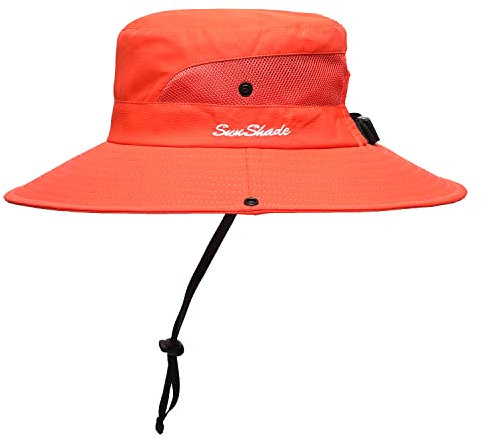 Damen Sommer Sonnenhut Strandhut Breite Krempe Outdoor UV-Schutz Hut Faltbarer Cool Mesh Pferdeschwanz Fischerhut, Pure Orange