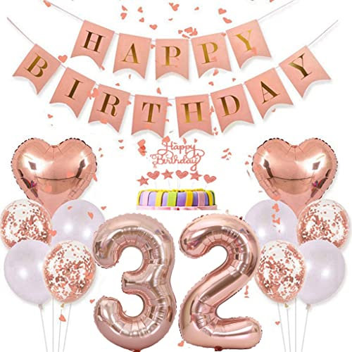 Conruich Deko 32. Geburtstag Frau, Rosegold Tortendeko Geburtstag 32 Jahre Mann, Geburtstagsdeko 32 Jahre, Rosegold Ballon 32 Geburtstags Mädchen, Happy Birthday Banner Deko 32 Geburtstags Frauen