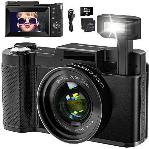 Digital Camera 4K 48MP Vlogging Camera for YouTube 16X Digital Zoom with Macro Function &Liftable Flash, Compact Camera for Photography 3’’ 180°Flip Screen, 32GB TF Card, 2 Batteries