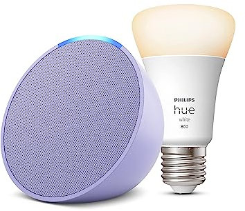 Echo Pop | Lavanda + Philips Hue White Lampadina LED Smart (E27), compatibile con Alexa - Kit di base per Casa Intelligente