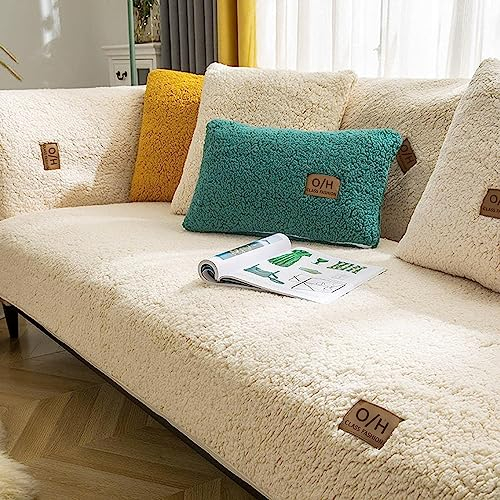 LINGKY Samt Sofabezug 1 2 3 4 Sitzer, L Form Sofaüberwurfe, Ecksofa Sofa überzug Pets Dog Couch überzug Anti-rutsch Sofaschutz, Ultra Weicher Sofaschoner (Beige,90x90cm/Quadrat)