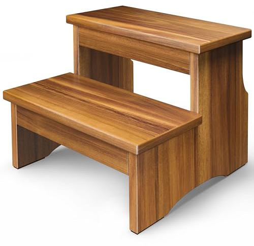 FANATU Wooden Two Step Stool for Adults, Heavy Duty Acacia Wood Bed Step | Compact Bedside Step Stool For Kitchen And Bathroom With Non-Slip Floor Pads, Walnut Finish, Supports Up To 450 Lbs