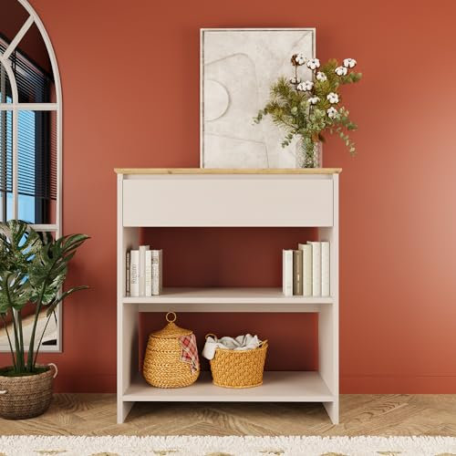 Bimossa Mono Console Table with Drawer - Modern Slim Warm Oak Accent Table for Hallway, Entryway, Living Room, Durable E1 Chipboard, Easy Assembly