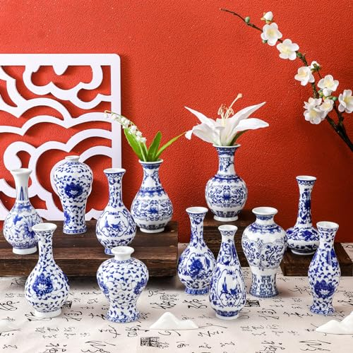 Maxcheck Porzellanvase, Mini-Chinoiserie-Knospenvase, Vintage, orientalisch, handgefertigt, chinesische Blumen-Jardiniere für Zuhause, Büro, Regal, Tischdekoration, klassisch, 12 Stück