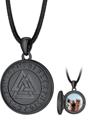 FaithHeart Kupfer Foto Anhänger für Damen Herren, Schwarz Medaillon mit Wikinger Valknut Symbol, Wikinger Amulett mit Bildanhänger für Geburtsstag Vatertag