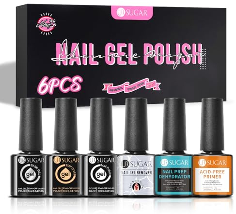 UR SUGAR Top Base Coat Gel UV, UV Nagellack Base und Top Coat, Nail Dehydrator and Primer Acid-free, 7ML Reinforcement Gel, Nail Gel Remover Nagelset 6 Flaschen für Nail Art