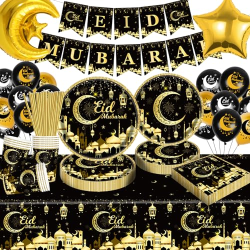 Ramadan Mubarak EID Geschirr Set, Eid Ramadan Mubarak Schwarz und Gold Partygeschirr Pappteller Set enthalten Eid Banner Tassen Tischdecke für Eid Mubarak Party Dekorationen, 20 Gäste