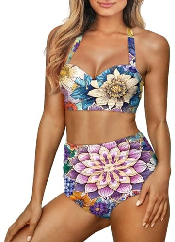 Poceacles Bikini-Set für Mädchen und Frauen, hohe Taille, zweiteilig, mit Neckholder, gepolstertes Oberteil, Push-Up-Bikini-Set, Triangel-Badeanzüge, Boho Mandala, M