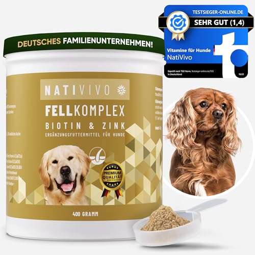 NatiVivo Biotin + Zink für Hunde Pferde Haut & Fell Premium Fellpflege-Komplex für glänzendes Fell & Vitale Hautfunktion 400 Gramm hochdosiert Unterstützt Haut & Fell Made in Germany