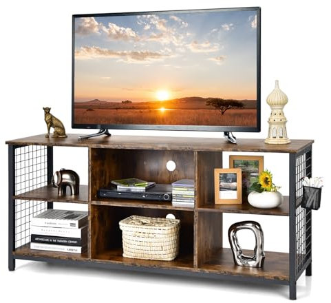 COSTWAY Meuble TV 3 Étagères, Banc TV 65 au Max, 6 Compartiments avec 2 Passe-câbles, Cadre en Métal, Panier Latéral, Console TV Industriel pour Salon, Chambre, 140 x 40 x 62,5 cm