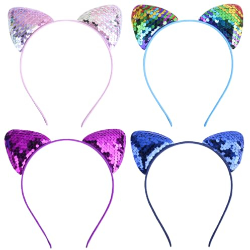 4 Pièces Serre-tête Chat à Paillettes Oreilles de Chat Bandeau d'Oreilles de Chat de Chat Paillettes Bandeaux de Cheveux Paillettes pour Femmes Filles Vie Quotidienne et Décoration de Fête
