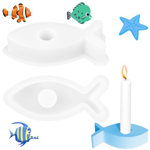 2 Stück Silikonform Fisch, Silikonform Kerzenhalter Kommunion Deko, DIY Fisch Silikonformen Gießformen, Giessform Silikon Kerzenhalter Kommunion, Silikonform Fisch Kerzenhalter