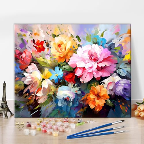 TISHIRON Malen nach Zahlen Erwachsene Blühende Blumen, DIY Erwachsene Malen nach Zahlen Kits mit Pinsel Blüte Pflanze, Öl Hand Malerei Malerei Kits Kunsthandwerk 40 x 50 cm(rahmenlos)