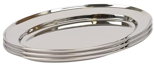 Argon Tableware 35 x 24cm Serving Platters - 3 Pack - Stainless Steel Chrome Dinner Tray Oval Plate Medium Appetizer Serving Dishes for Party, Events, Table Service, Snack Platters