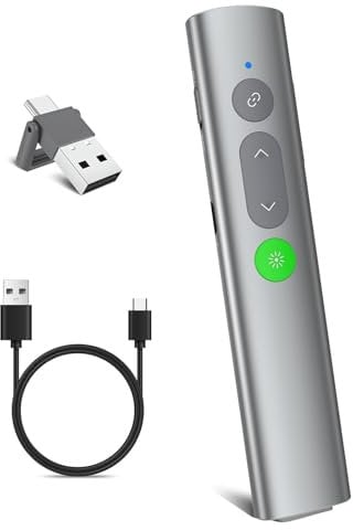 UBUYUONE Presenter [USB C+Wiederaufladbar], kabelloser Präsentationsfernbedienung, Pointer für Präsentationen, Powerpoint Fernbedienung Präsenter für Windows Computer Laptop Mac, Metallgehäuse
