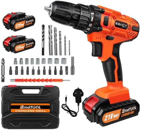 Cordless Drill Driver Set With 2 Batteries, Electric Screwdriver Kit, 25+1 Torque, 45N.m Max, 3/8 Keyless Chuck, LED, 2 Speed Combi Hammer Driver, 26 Drill Bits, Kitbox