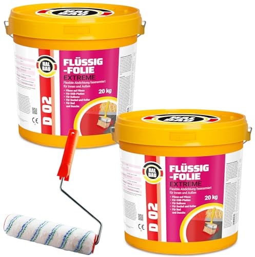 Flüssigfolie 40kg für Innen und Aussen, Faserverstärkte Hochelastische Abdichtung, Wassersperre unter Fliesen, Balkon, Dusche + Farbroller 25cm mit Bügel, Halbau SET D02