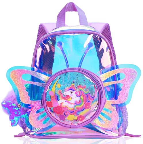 LSSAGOON Einhorn Schmetterling Flügel Rucksack Mädchen, Laser Durchsichtiger Rucksack Schule für Kindergarten, Vorschule, Grundschule, Nniedlich Cartoon Kinderrucksäcke,Geschenke für Xmas Geburtstag