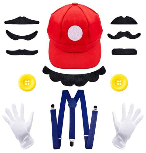 Rot Mütze, Mari Kostüm mit Mütze, Gurt Weißen Handschuhe und Bart, KarnevalCosplay Kostüm für Kinder Erwachsene Damen