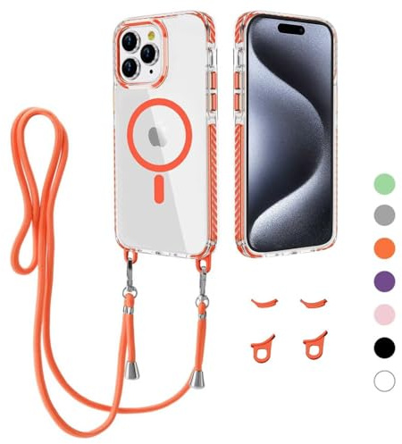 MBSLFY Coque avec Cordon pour iPhone 15 Pro Max, Compatible MagSafe, Anti-Rayures Housse Case Cover, Ultra Fine Magnetique Antichoc TPU Etui Protection pour iPhone 15 Pro Max, Orange