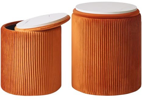 IBUYKE Set of 2 Round Ottoman with Storage, Velvet Vanity Stool for Makeup, Modern Padded Seat Coffee Table, Multipurpose Footrest Stool for Living Room & Bedroom, Orange WBD005J