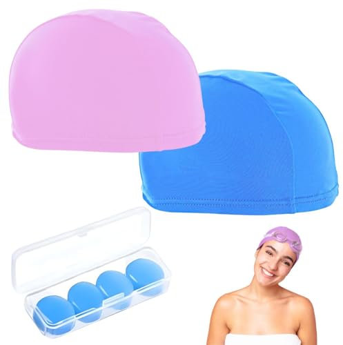 OUVESTA® Set mit 2 Poolkappen + 4 Silikonkappen | Badekappe für Damen und Herren, ideal für SPA, Wasserball usw. (blaue Malven)