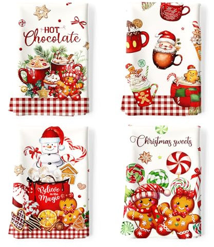 Arquiel 4er Set Geschirrtücher Lebkuchenmann Weihnachten Küchentücher Dekorative 100% Baumwolle Trockentücher Saugstarke Geschenk für den Urlaub Einweihungsfeier 48 cm x 70 cm