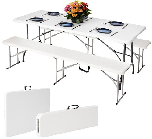 6ft Folding Table and Folding Bench Seat Set - Foldable Trestle Table and White Folding Chair HDPE Plastic and Steel Frame, Easy to Fold and Store for Events Indoor Outdoor Use for All Occasions