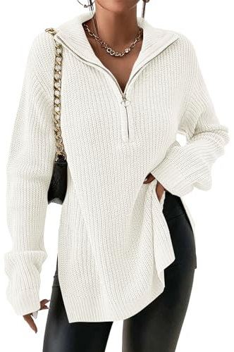 Cicy Bell Damen Pullover Langarm,V-Ausschnitt,Strickpullover,Half Zip Slouchy Ribbed Knit Sweatshirt mit Seitenschlitz Trendy Herbst-Winter Pullovers Oversized Polo Style Casual Tops(Weiß,M)