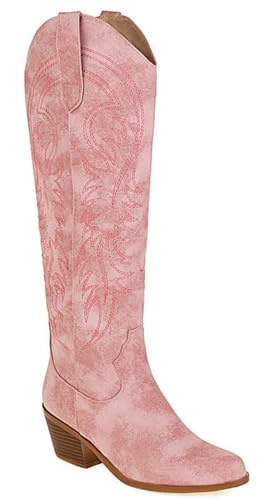 WEHAM Bottes occidentales brodées pour Femmes, Bottes de Cowboy à Talons épais et à Mollet Large, Bottes mi-Mollet rétro Pointues Rouges et Noires à la Mode