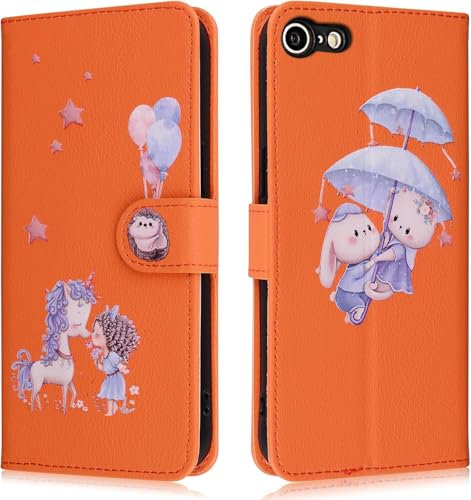 Tiyoo Flip Phone Case for Iphone 7/8/SE, Premium Magnetic Wallet Case for Phone Protection, Cute Cartoon Pattern PU Leather with Card Slots & Wrist Strap, Shockproof Phone Cover for Women/Girl, Orange