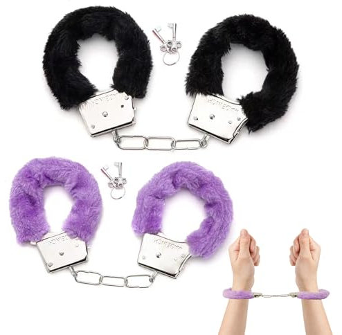 WnlahuWA 2 Stück Rosa Plüsch Handfesseln für Cosplay, Sexy Rot Metall Handschellen, Handschellen mit Plüsch, Sex Handschellen, für Paare Cosplay, Karneval Kostüm, Partyzubehör (Schwarz + Lila)