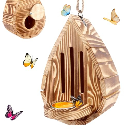 Schmetterlingshaus und Futterspender aus Holz, hängendes Schmetterlingshaus für Garten, natürlicher Schmetterlingslebensraum mit Schmetterlingspuddler für Außen-Schmetterlinge, Motten - Hintertür,