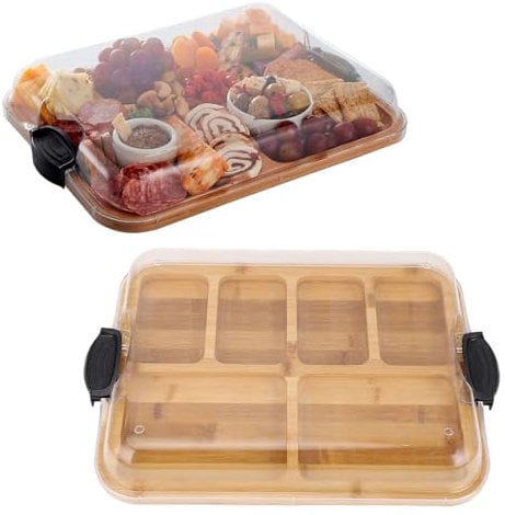 Planches à Charcuterie, Planche à Fromage en Bambou avec Compartiments, Plateau de Charcuterie en Bois et Plateau de Service Alimentaire avec Couvercle Verrouillable Transparent