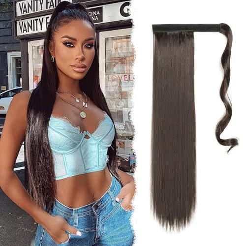 GIDWRIY Haarextension Pferdeschwanz Haarteil Zopf 55 cm,Haarverlängerung Zopf Glatt,Fake Hair Ponytail Extension,Haarteil Synthetik Pferdeschwanz,Haarteile Echthaar Zopf Lang-braun-schwarz